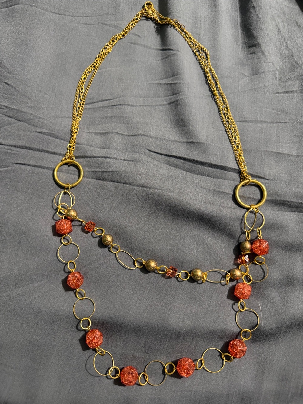 Gold-Tone Multi-Strand Necklace with Red Bead Accents